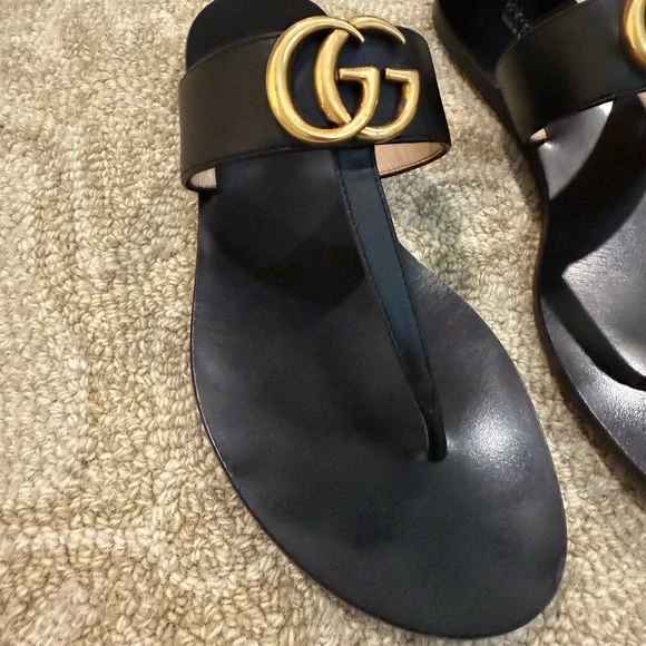 Black Gucci Flat Marmont Leather Thong Sandals Size 37 - Picture 7 of 13